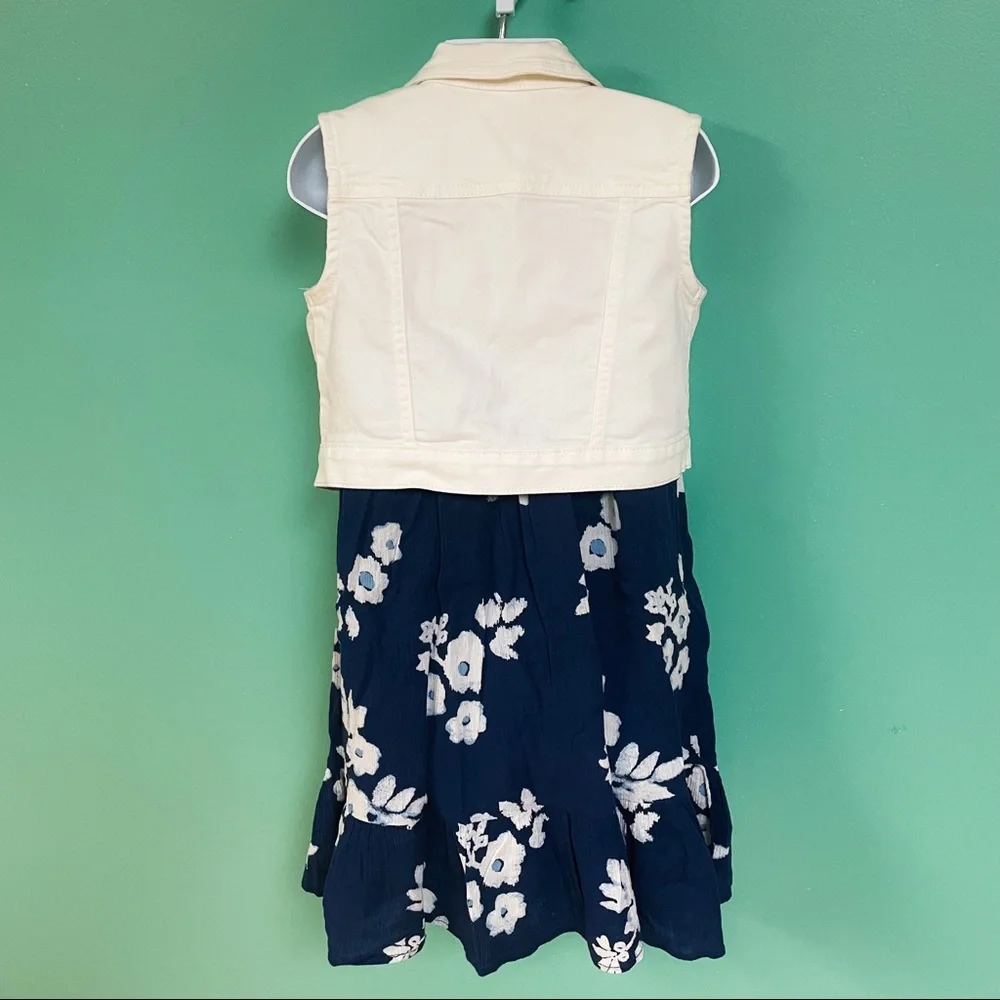 Genuine Kids Oshkosh Navy & White Floral Dress & White Denim Vest Set Girls 4T